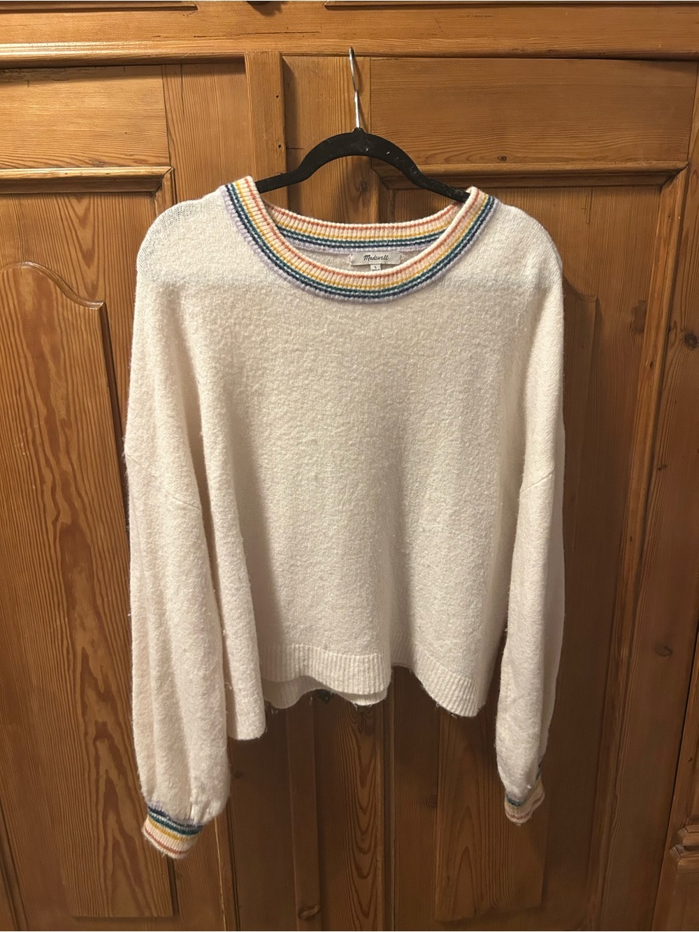 Madewell Cream Crewneck Sweater with Multicolor Stripe Trim